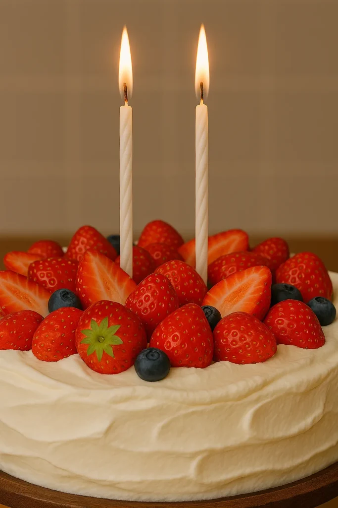Homemade vanilla layer cake with smooth whipped cream frosting and a generous topping of fresh strawberries and blueberries, finished with two simple birthday candles.Classic strawberry birthday cake topped with whipped cream, fresh strawberries, and blueberries, with two lit candles, displayed on a wooden cake stand in a warm, cozy kitchen.