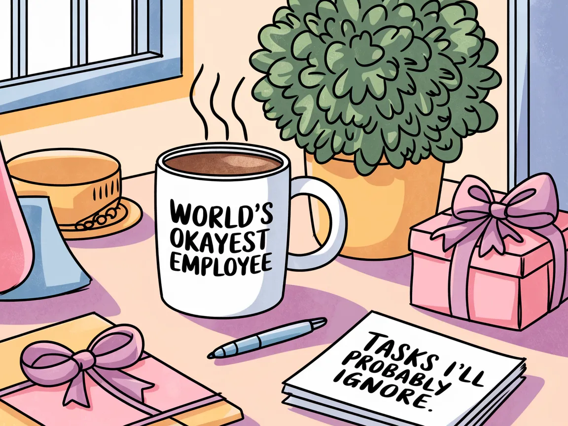 Watercolor-style illustration of a cheerful desk with a “World’s Okayest Employee” mug, pink gift boxes, a notepad labeled “Tasks I’ll Probably Ignore,” a pen, a potted plant, and soft lighting