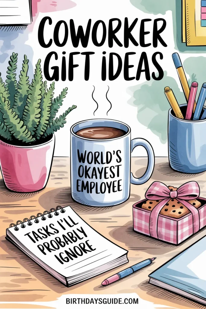 Watercolor and ink-style illustration of a cheerful office desk scene featuring a mug labeled “World’s Okayest Employee,” a notepad that says “Tasks I’ll Probably Ignore,” a pink gift box with cookies and a ribbon, a potted plant, colored pencils in a holder, and a URL at the bottom: birthdaysguide.com. Large title text at the top reads “Coworker Gift Ideas.”Let me know if you’d like a matching Pinterest pin description or social caption!
