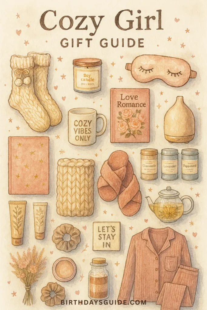Hand-drawn style illustration of a "Cozy Girl" gift guide with various items like fuzzy socks, a "Cozy Vibes Only" mug, a "Love Romance" book, and essential oils, all arranged on a light background with small heart and star details.