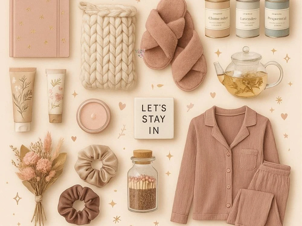 Flat lay of cozy gifts in soft pastel colors, including a journal, slippers, pajamas, tea, and candles, arranged on a light background.