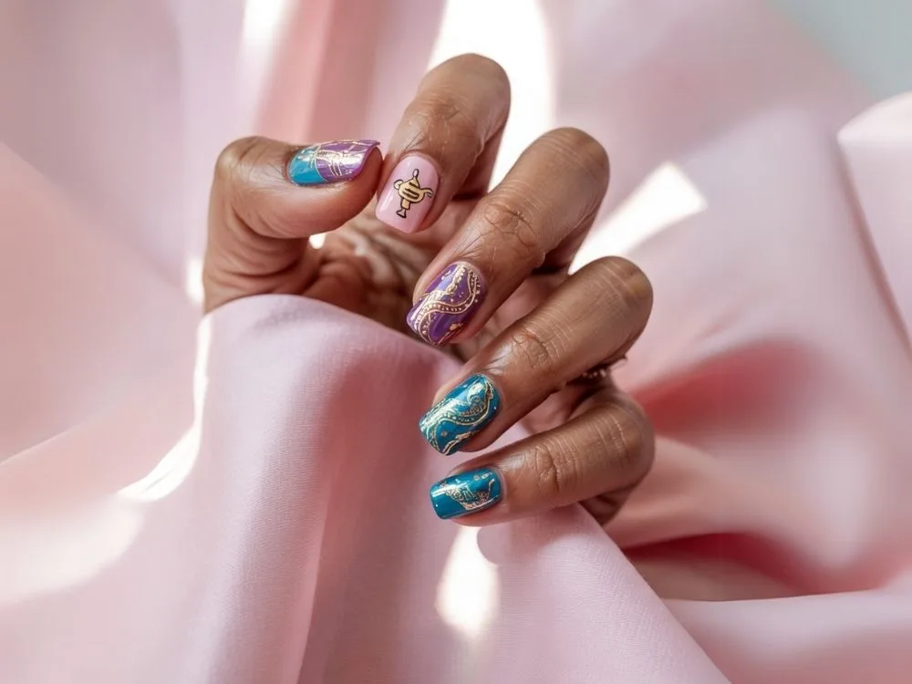 A female hand showing her Alladin Disney Nails