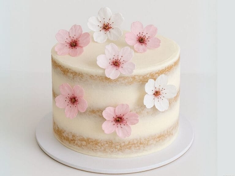 Naked buttercream birthday cake decorated with soft pink and white edible cherry blossom flowers, styled for a simple and elegant cake decor idea.