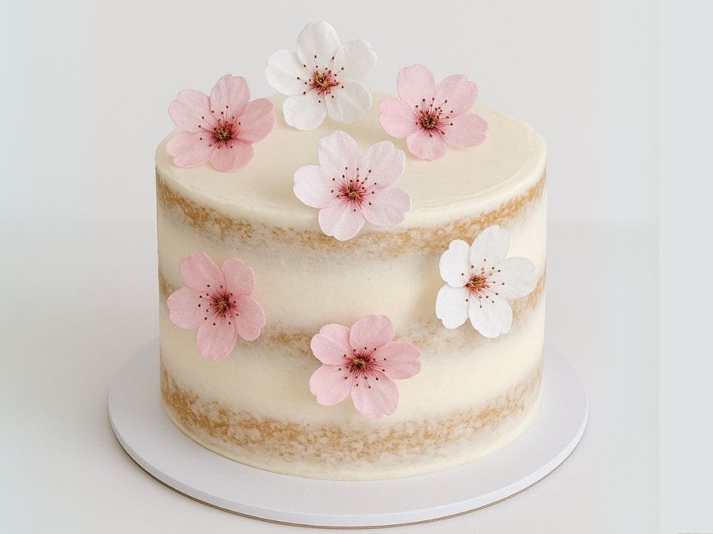 Naked buttercream birthday cake decorated with soft pink and white edible cherry blossom flowers, styled for a simple and elegant cake decor idea.