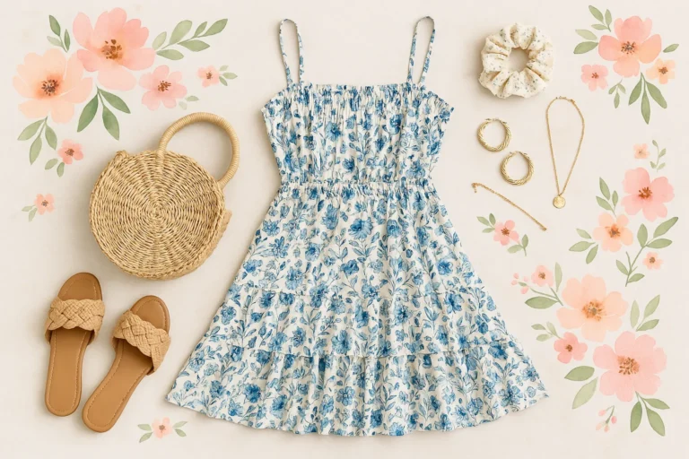 Flat lay of a blue and white floral summer dress with matching straw bag, sandals, gold jewelry, hair scrunchie, and watercolor flower accents on a neutral background