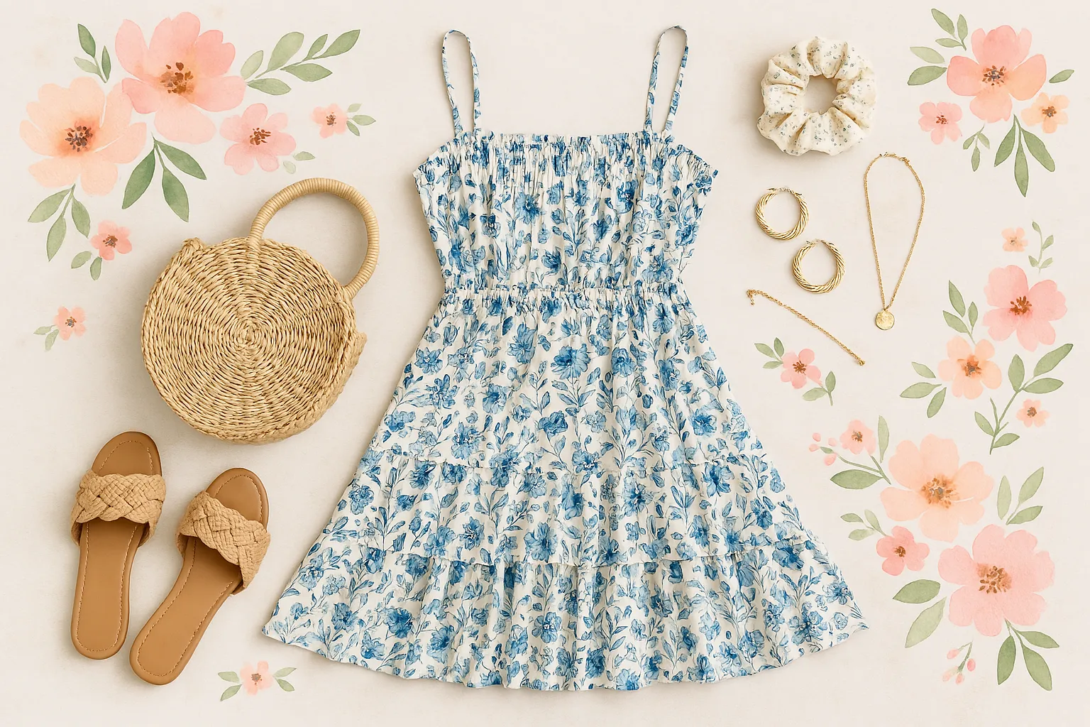 Flat lay of a blue and white floral summer dress with matching straw bag, sandals, gold jewelry, hair scrunchie, and watercolor flower accents on a neutral background
