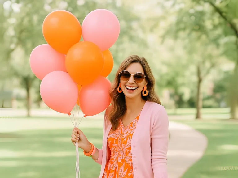 Woman wearing an orange floral dress and pink cardigan, holding pink and orange balloons, styled with matching accessories and wedge sandals — a bright and cheerful spring birthday outfit idea.