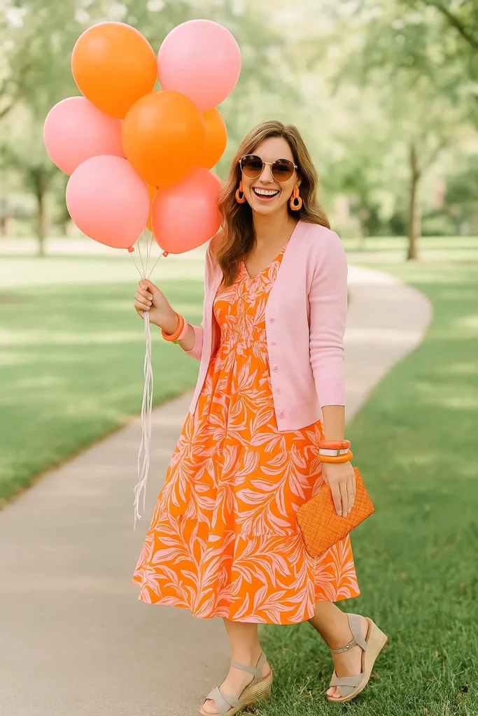 Woman wearing a bright orange floral dress with a pink cardigan, holding pink and orange balloons, accessorized with orange earrings, bangles, a woven clutch, and wedge sandals — a cheerful spring birthday outfit idea.