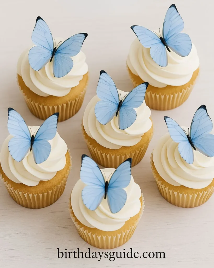 Vanilla cupcakes with white buttercream swirls, topped with edible light blue butterfly decorations, perfect for simple and elegant birthday cake decor.