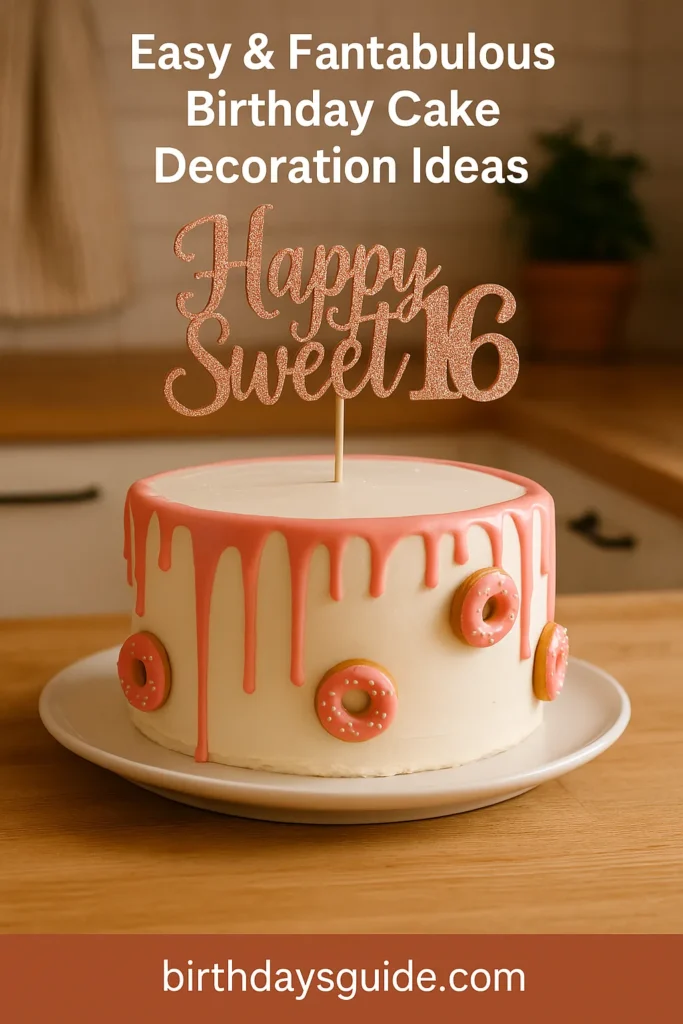 Sweet 16 birthday cake decorated with pink drip frosting, mini donut accents, and a glittery “Happy Sweet 16” cake topper, styled on a white plate in a cozy kitchen.