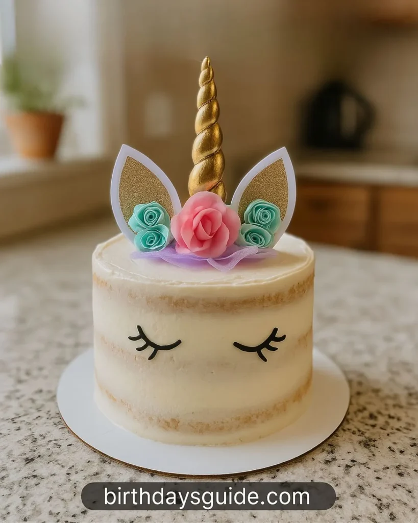 Naked-style white birthday cake topped with a gold unicorn horn and pastel floral ears, decorated with closed eyelash details for a whimsical unicorn theme.
