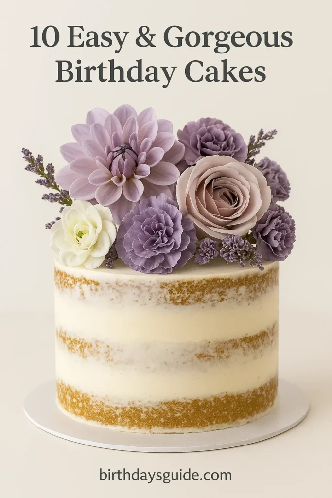 Elegant naked birthday cake decorated with large faux flowers in soft lavender, cream, and blush tones, perfect for a romantic cake decor look.