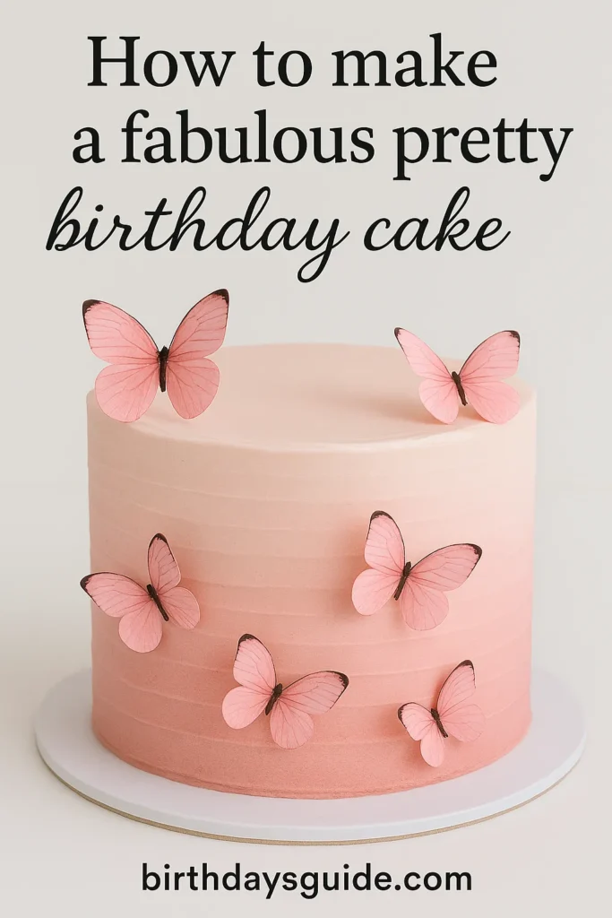 Fabulous pink ombre birthday cake with smooth buttercream frosting, decorated with pink edible butterfly toppers for a soft and pretty cake design.