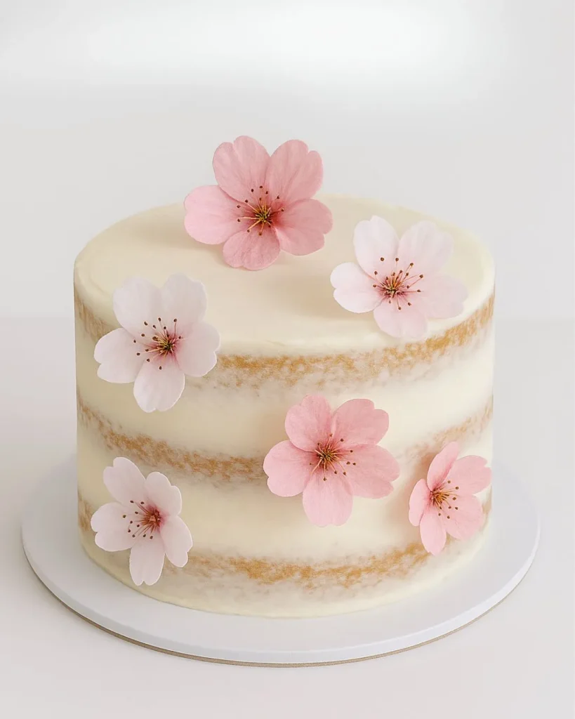 Naked-style white buttercream birthday cake decorated with soft pink edible cherry blossom flowers, a simple and romantic cake topper idea.