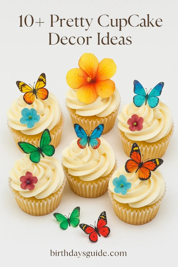 Vanilla cupcakes with big swirls of white buttercream, topped with colorful butterfly and flower decorations, ideal for fun and easy cupcake decor ideas.