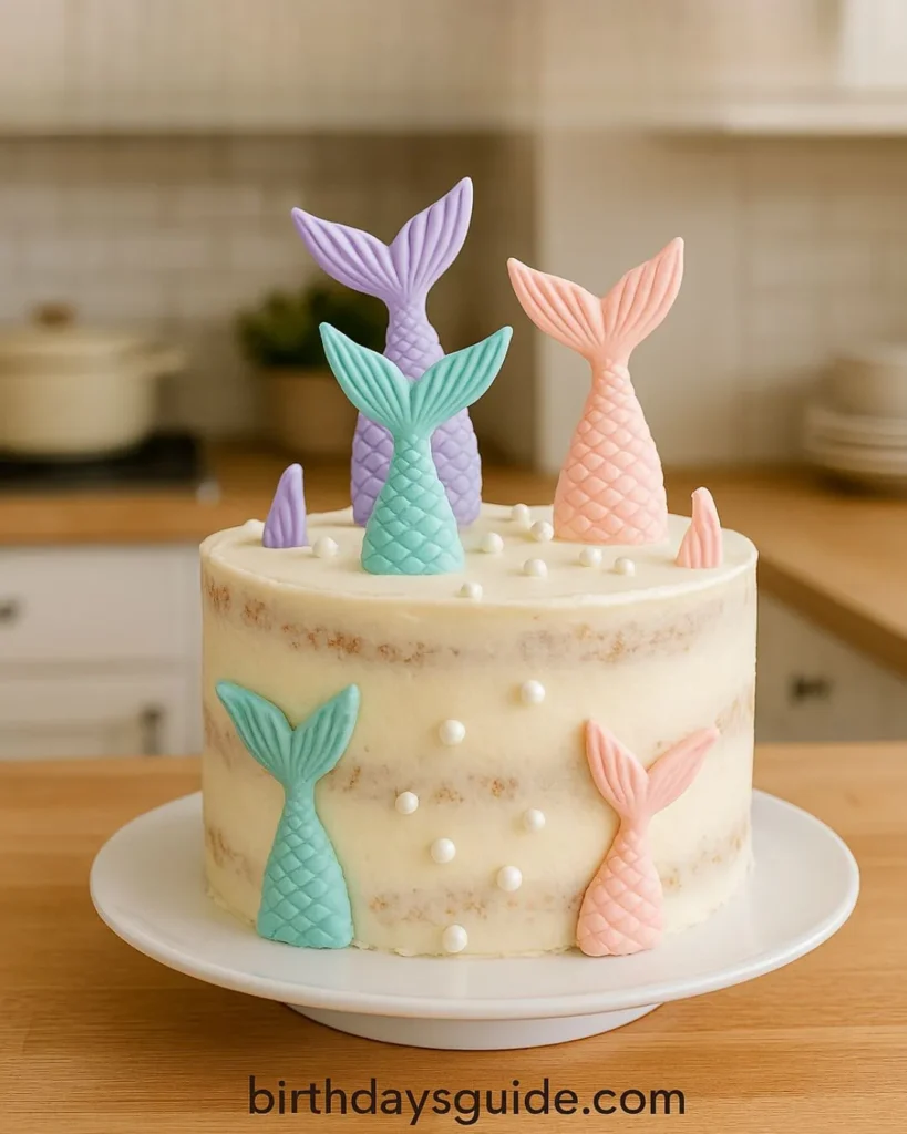 Naked-style buttercream birthday cake decorated with pastel mermaid tail toppers in mint, lilac, and coral colors, accented with edible pearl sprinkles.