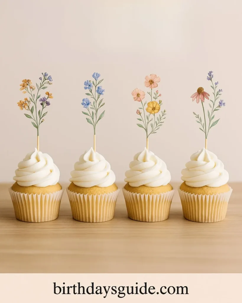 Four vanilla cupcakes with white buttercream swirls, each topped with a botanical flower cake topper in delicate watercolor floral designs.