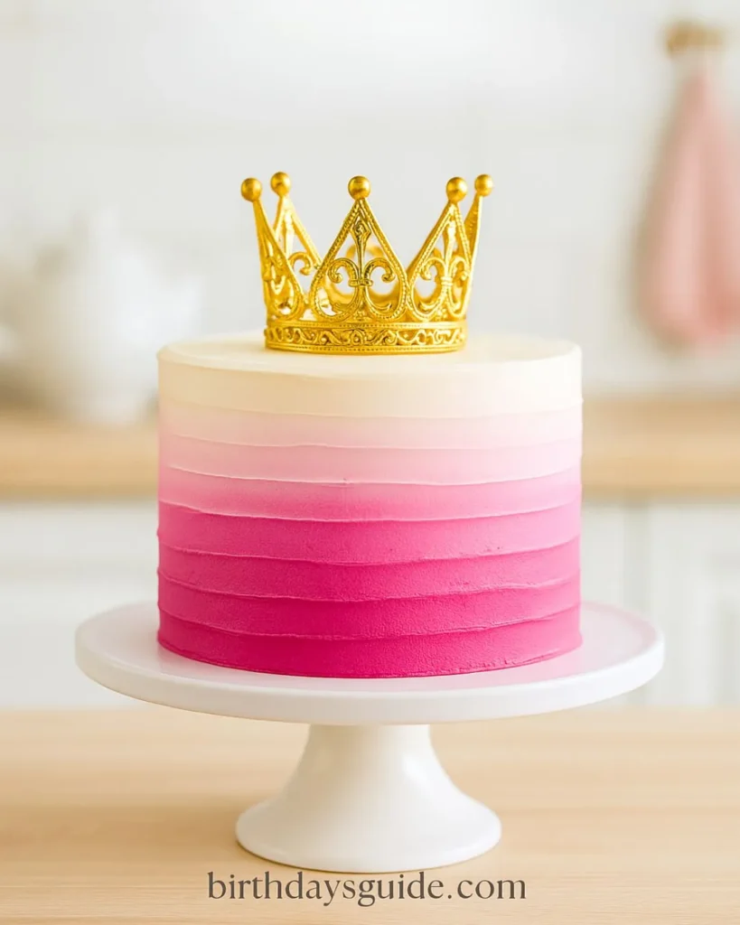 Pink ombre buttercream birthday cake topped with a detailed gold crown cake topper, styled in a bright pastel kitchen for a princess-themed celebration.