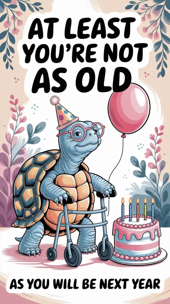 A funny birthday meme featuring a cartoon turtle wearing glasses, a birthday hat, and using a walker. The turtle stands next to a pink birthday cake with candles and a floating balloon, surrounded by colorful floral decorations. The birthday quote on the image says: “At least you’re not as old as you will be next year.”