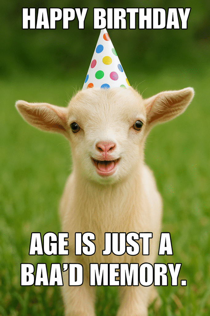 Cute and funny birthday meme for her or him showing a smiling baby goat in a colorful party hat, captioned “Age is just a baa’d memory.” Perfect for birthday memes cute, funny happy birthday meme, and birthday memes for friends.