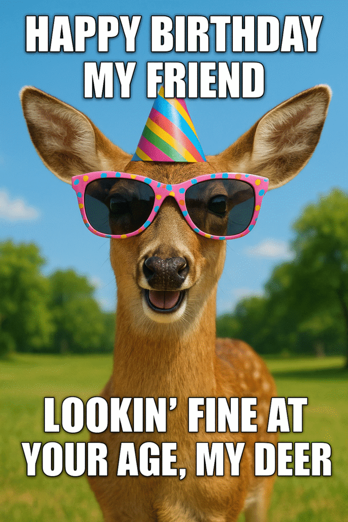 Funny birthday meme for friends featuring a smiling deer in pink polka-dot sunglasses and a rainbow party hat with the caption “Lookin’ fine at your age, my deer.” Ideal for birthday memes funny hilarious, happy birthday for her, and birthday meme face.
