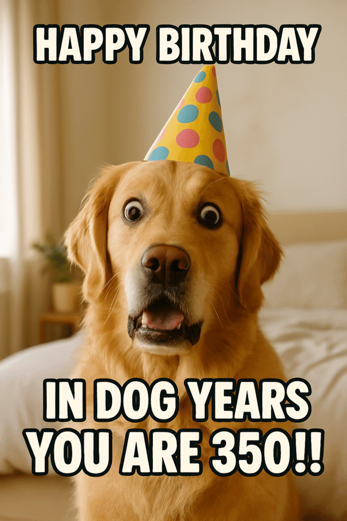 Funny birthday meme for him featuring a golden retriever in a party hat, looking shocked, with the text “In dog years you are 350!!” Great for birthday memes funny hilarious, birthday memes for boyfriend, and sarcastic birthday jokes