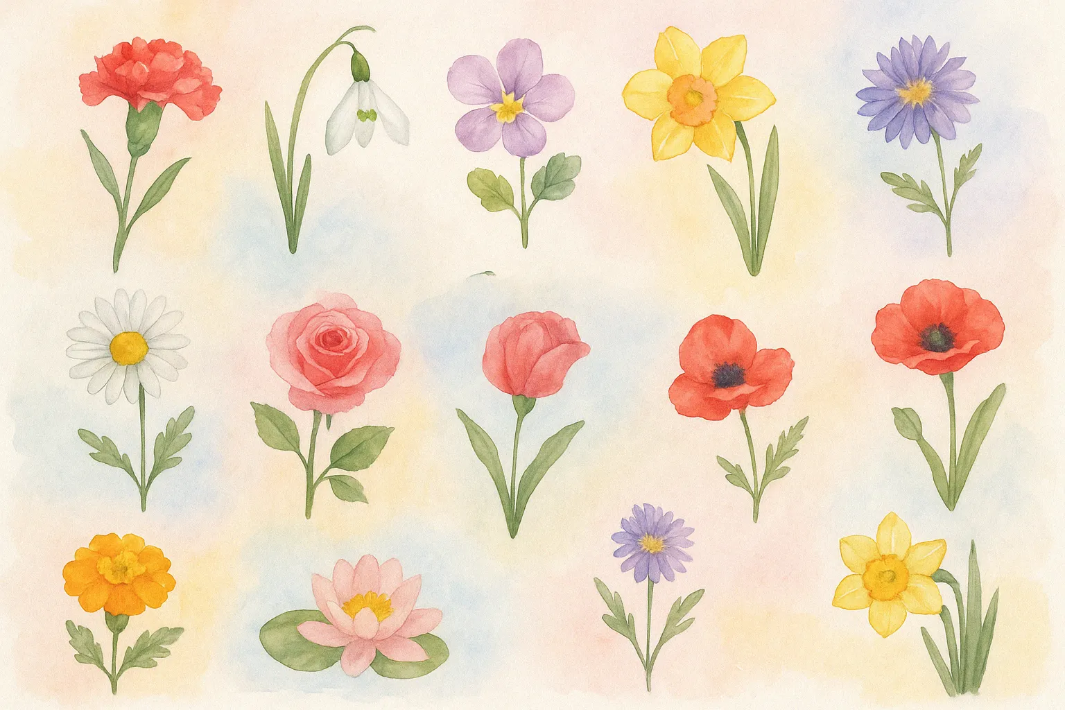 Watercolor illustration of various birth flowers including rose, poppy, daffodil, and snowdrop, arranged on a soft pastel background.