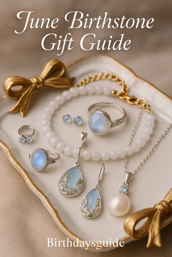 A white tray with gold accents holds several pieces of moonstone jewelry: two rings, two stud earrings, and two necklaces (one gold, one silver). The image is a "June Birthstone Gift Guide