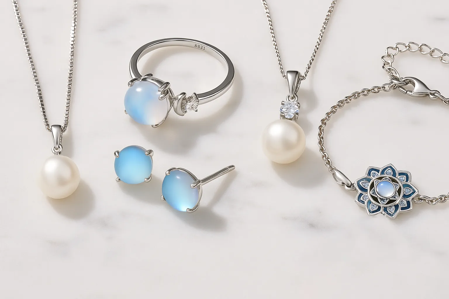 This image from a June birthstone jewelry gift guide displays various silver jewelry items: pearl pendant necklaces, moonstone stud earrings, a moonstone ring, and a moonstone floral bracelet, all on a white marble background.