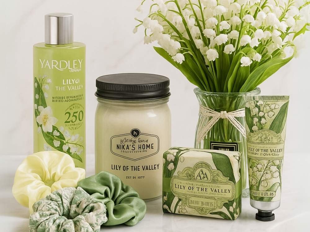 Still life arrangement of Lily of the Valley scented products, including a bottle of body wash, a candle in a glass jar, a bar of soap, a hand cream, a bouquet of Lily of the Valley flowers, and three fabric scrunchies in shades of green and yellow.