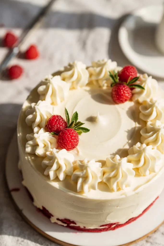 **Alt text:**  
Top-down view of a red velvet cake covered in white cream cheese frosting, decorated with pointy frosting swirls and fresh raspberries, lit by natural sunlight on a textured linen surface.