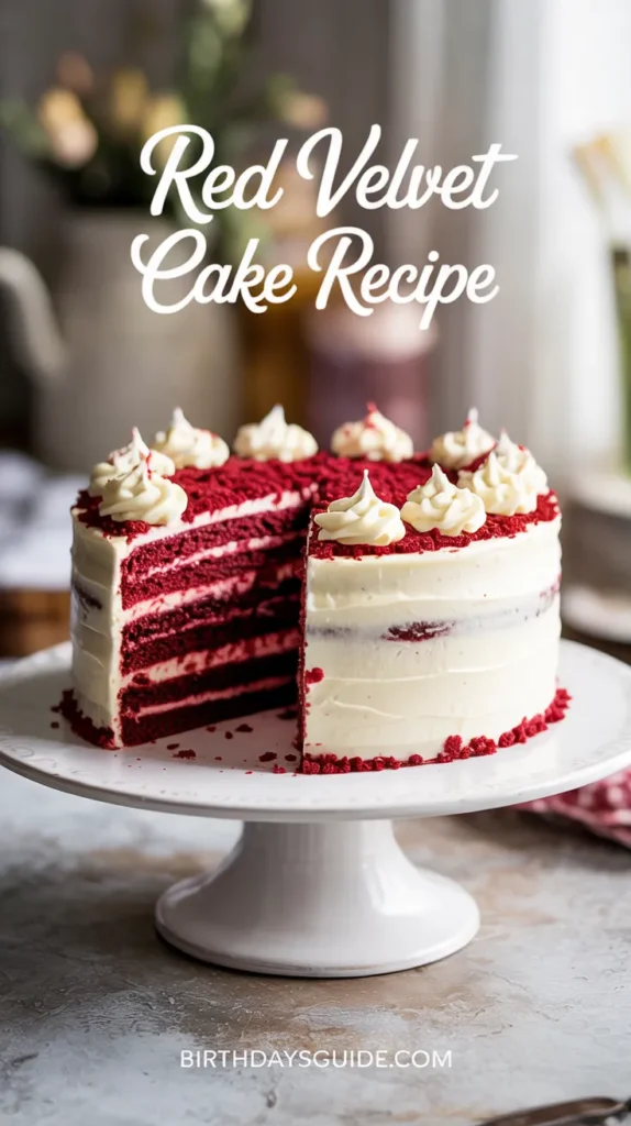 Close-up of a vibrant red velvet cake slice with thick cream cheese frosting, showing moist, fluffy layers and rich crimson color, served on a white plate.