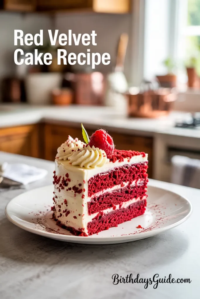 Slice of red velvet cake with cream cheese frosting and raspberry topping on a white plate, with text overlay ‘Red Velvet Cake Recipe’ and website ‘BirthdaysGuide.com’ in a cozy kitchen setting