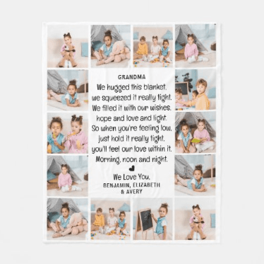 Thoughtful and Personalized gift perfect for grandparents. Soft and cozy fleece blanket with a collage of their grand children.