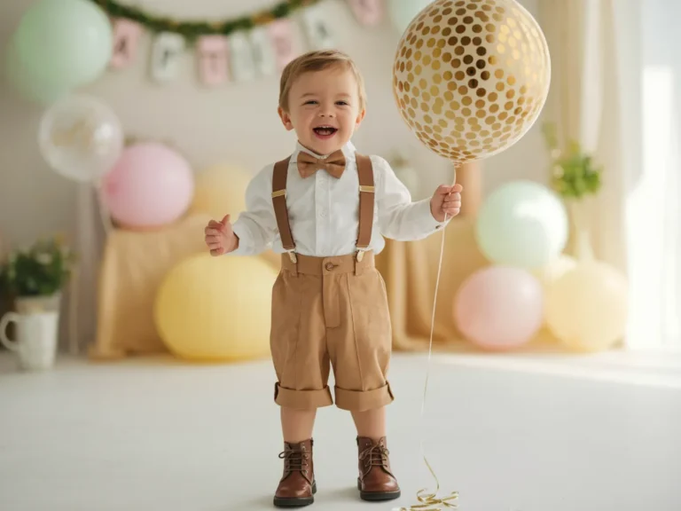 Little boy in stylish birthday outfit with suspenders and bow tie, holding a gold confetti balloon at a birthday party.