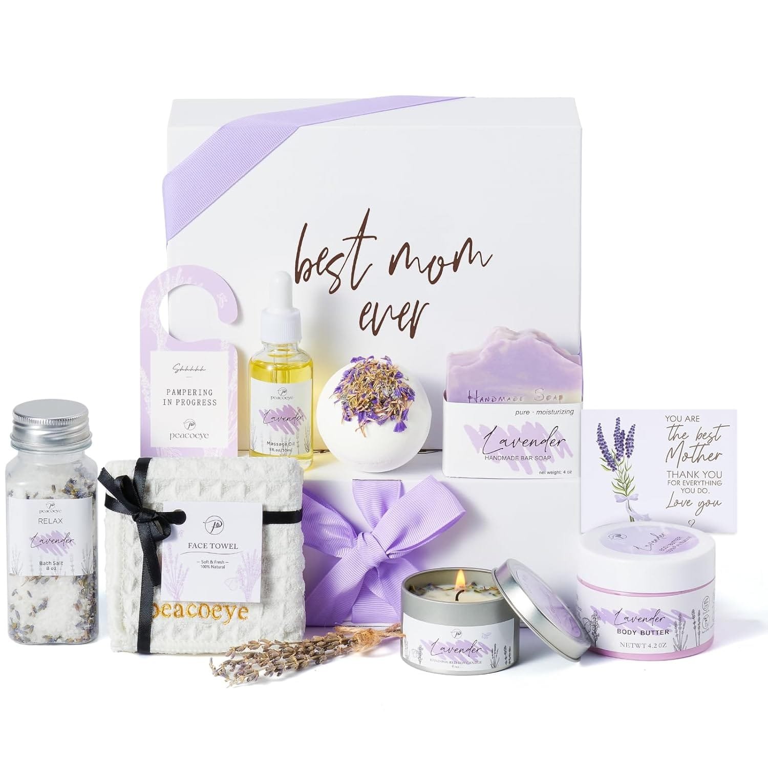 Lavender-themed at-home spa gift basket with body butter, bath salts, candle, soap, and “Best Mom Ever” gift box – perfect relaxation gift for women or Mother's Day