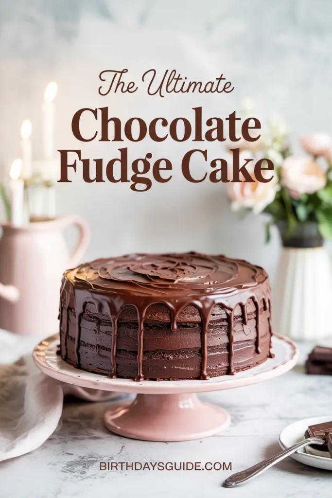 Decadent chocolate fudge birthday cake with ganache drip on a pink cake stand, styled with soft florals in the background.