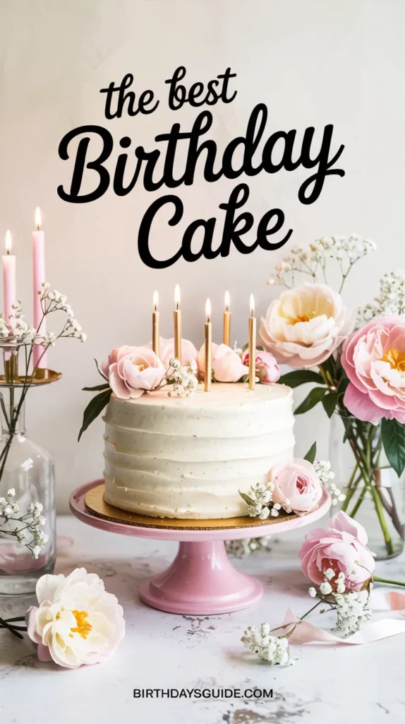 Elegant vanilla bean birthday cake with semi-naked frosting, topped with white roses and gold candles.

