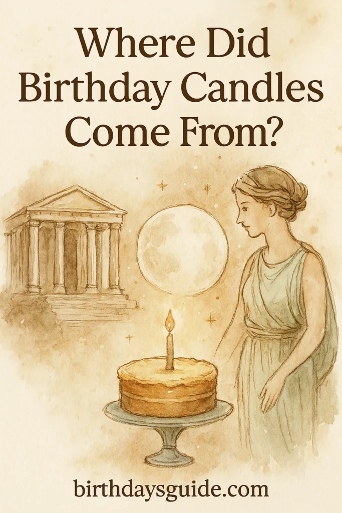 Whimsical illustrated scene with an Egyptian pharaoh and a Roman couple standing behind tiered birthday cakes under a starlit sky. Surrounded by floral accents and the title “Who Invented Birthdays?” this image represents the evolution of birthday traditions through history.

