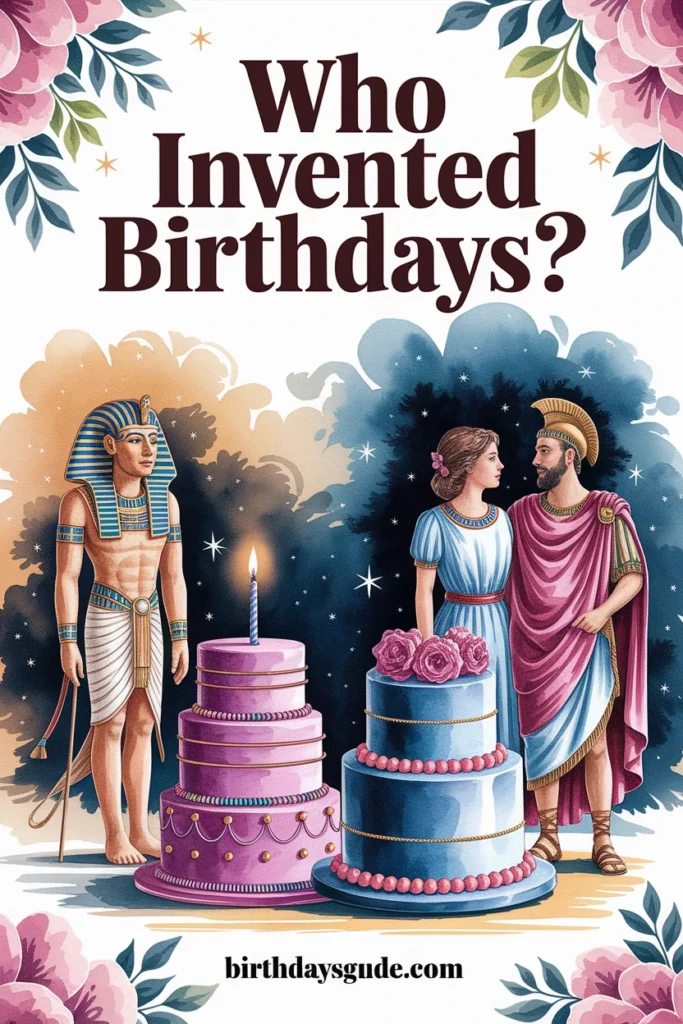 Whimsical illustrated scene with an Egyptian pharaoh and a Roman couple standing behind tiered birthday cakes under a starlit sky. Surrounded by floral accents and the title “Who Invented Birthdays?” this image represents the evolution of birthday traditions through history.