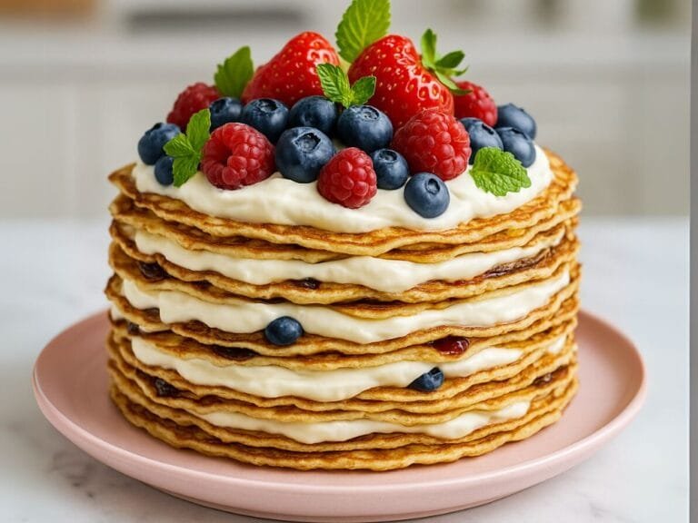 Close-up of a layered pancake cake filled with cream and jam, topped with fresh berries and mint on a pink plate, styled on a marble surface with a soft-focus kitchen background.