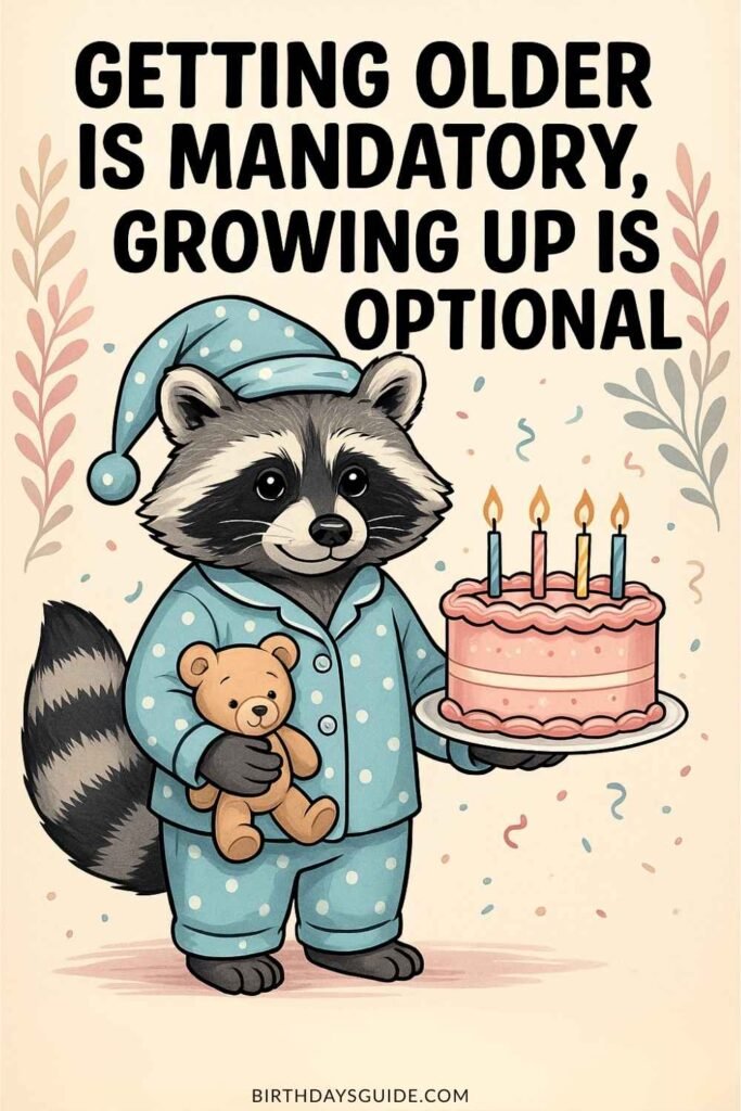 A cute cartoon-style birthday meme featuring a raccoon in polka-dot pajamas and a sleep cap, holding a teddy bear and a pink birthday cake with candles. Surrounded by pastel leaves and confetti, the quote reads: “Getting older is mandatory, growing up is optional.