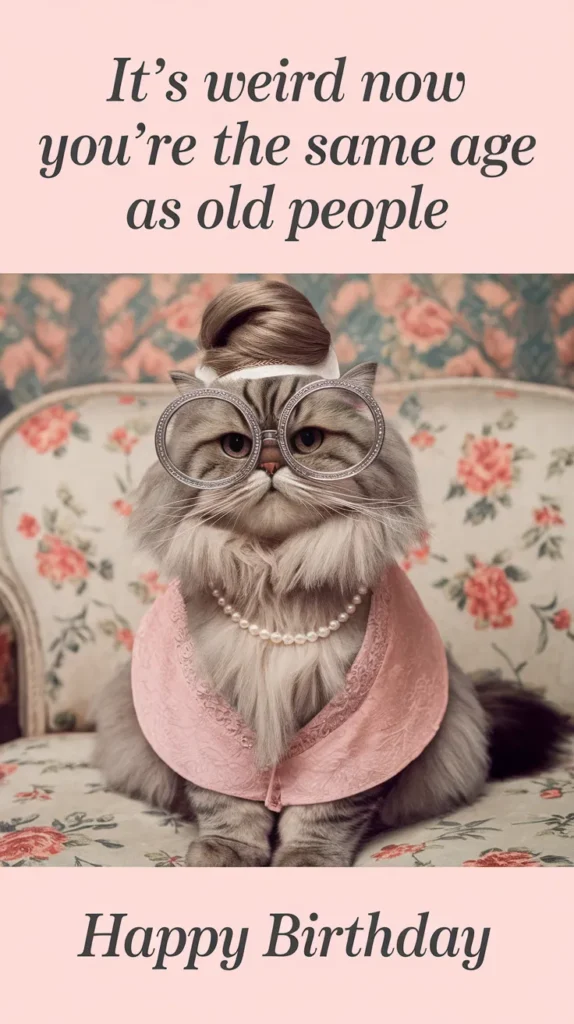 This birthday meme features a long-haired gray cat hilariously costumed as an old lady, complete with oversized round glasses perched on its nose, a strand of white pearls, and a pink shawl. The cat sits regally on a vintage floral patterned sofa. Above the image is the funny quote, "It's weird now you're the same age as old people," and below are the words "Happy Birthday." This ecard is a fun way to send someone happy birthday wishes.