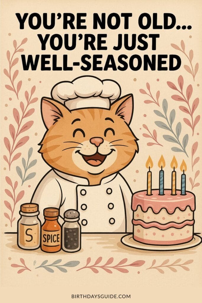 This birthday meme features a cartoon-style ginger cat dressed as a chef, complete with a white chef's hat and coat. The cat is smiling and standing next to a pink birthday cake with lit candles. The funny quote reads, "You're not old... You're just well-seasoned." This ecard is a fun way to send someone happy birthday wishes.