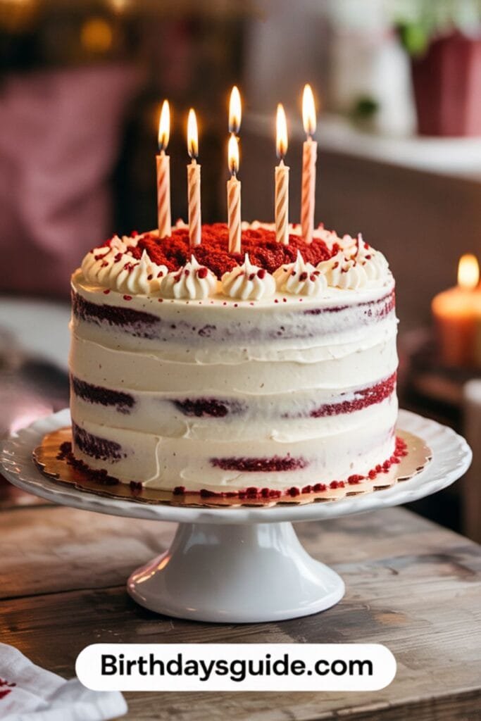 Red velvet birthday cake with cream cheese frosting and six lit candles on top, displayed on a white cake stand with text overlay ‘Birthdaysguide.com’ on a rustic wooden table