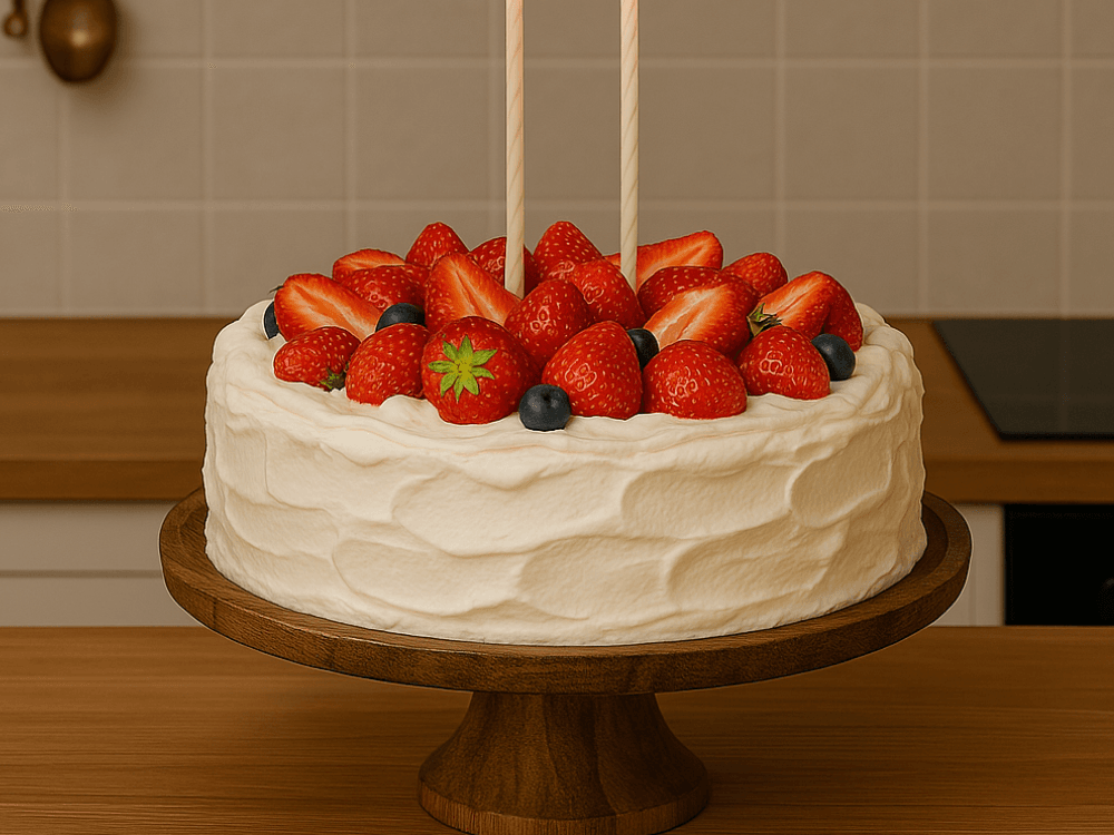 Classic strawberry birthday cake with whipped cream frosting, topped with fresh strawberries and blueberries, displayed on a wooden cake stand in a cozy kitchen setting.