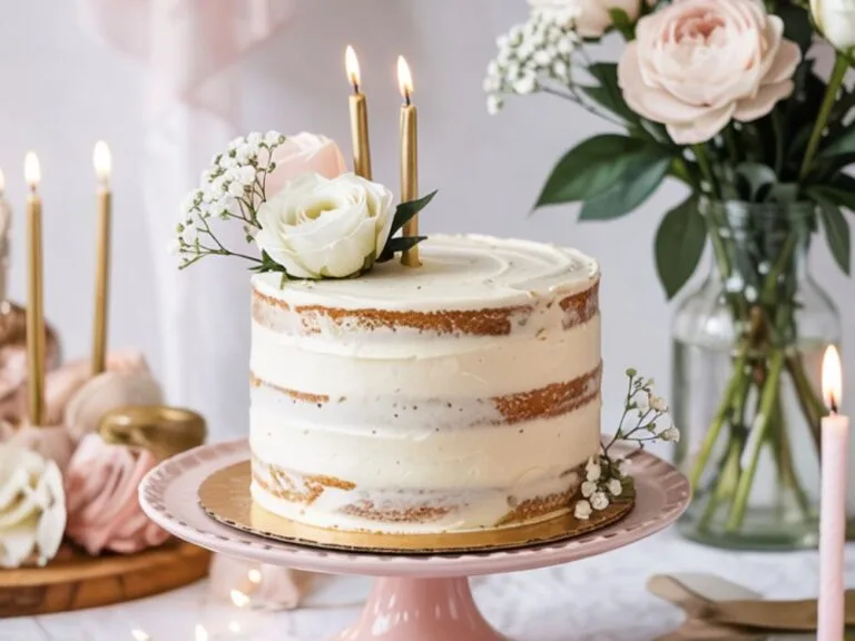 Elegant vanilla bean birthday cake with semi-naked frosting, topped with white roses and gold candles.